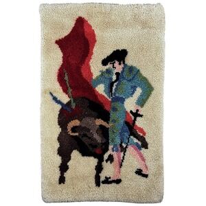 Vintage Latch Hooked Rug Shag Wall Art Tapestry Matador Bullfighter Spanish 70s